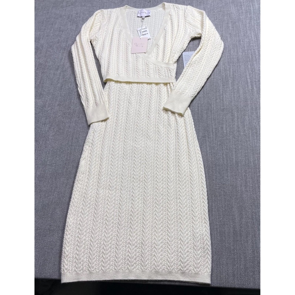 Charles Henry Sweater Dress Womens Medium Cream Cable Knit V Neck 8166CH